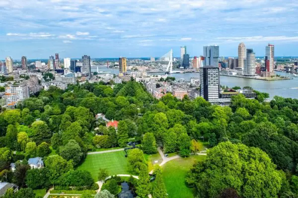 Zijaanzicht van de verte van Erasmusbrug in Rotterdam